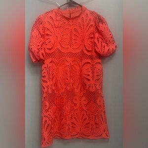 Lace Eyelet Puff-Sleeve dress- Coral